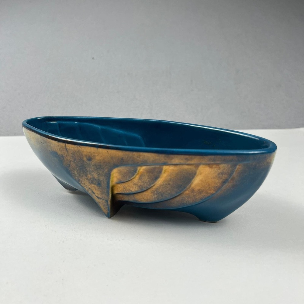 Vintage 1958 Ceramic Boat Planter Van Nuys Wings Art Deco Footed Bowl 9" Sunkist